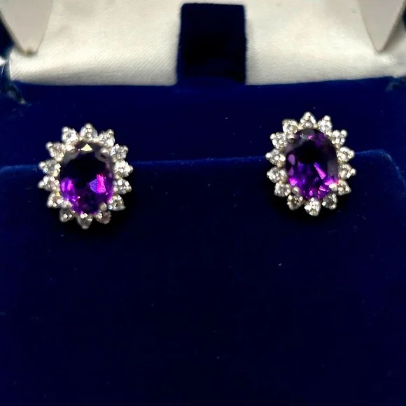 Vintage 925 Sterling Amethyst Gemstone and Cubic Zirconia Oval Screw On Earrings - Picture 1 of 7